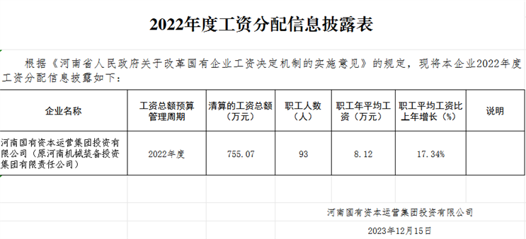 河南国有资本运营集团投资有限公司工资分配信息披露表